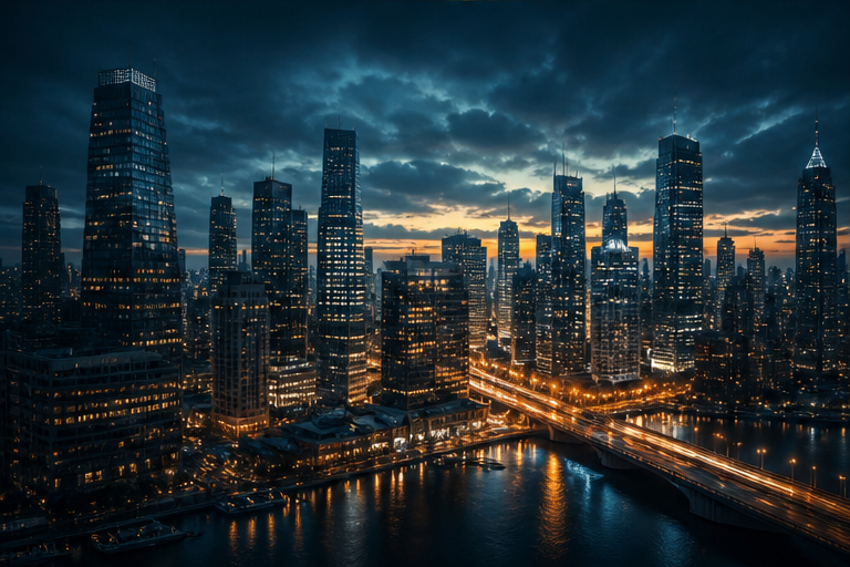蓝调时刻充满活力的现代都市街景